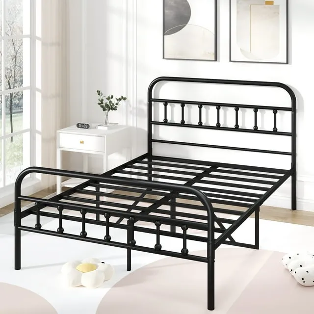 UHOMEPRO Full Size Metal Bed Frame with Headboard – Black