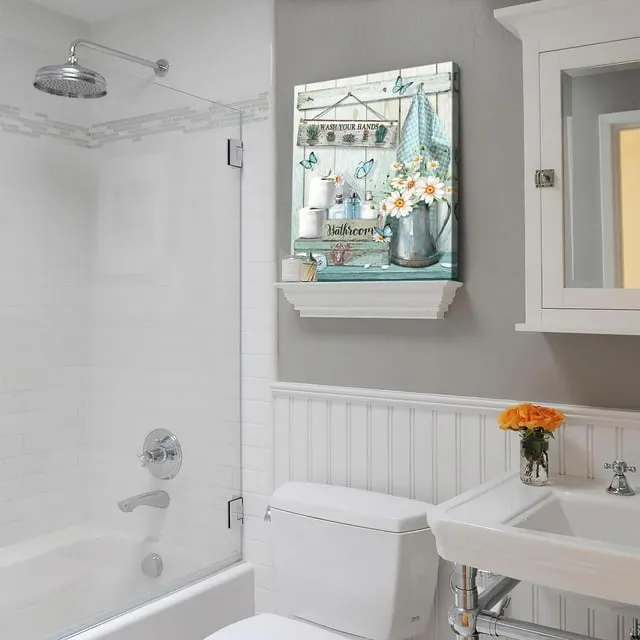 Teal Farmhouse Bathroom Decor – Vintage Flower & Butterfly Wall Art