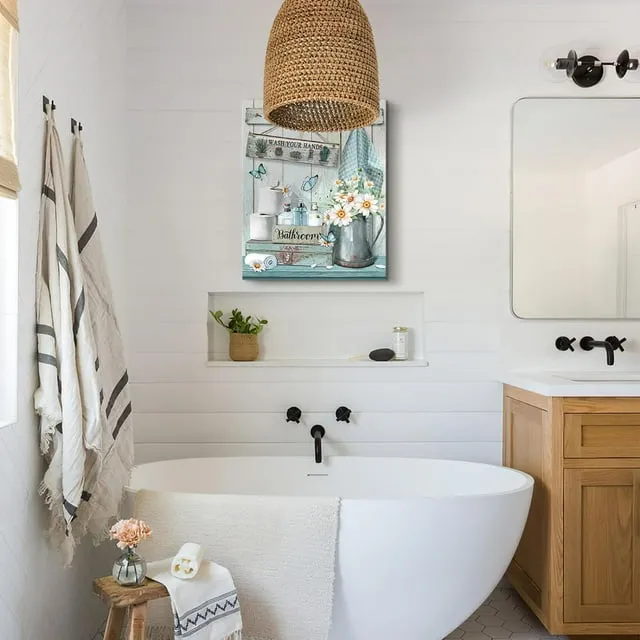 Teal Farmhouse Bathroom Decor – Vintage Flower & Butterfly Wall Art